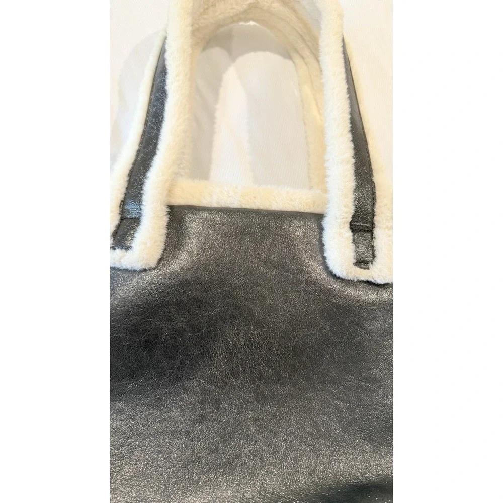 BCBGeneration Tote Black Faux Leather with White Faux Fur Trim 14x18